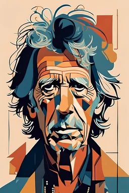 a highly detailed, abstract flat geometric portrait illustration of Keith Richards in the minimalist style of Willi Baumeister, Federico Babina and Petros Afshar, sharply detailed and finely lined, in vibrant natural colors