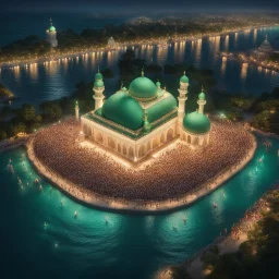 Hyper Realistic Aerial View of Lots of people worshiping outside a Huge-Beautifully-Crafted-Green-Mosque decorated with garland-lights & lamps between an island with ocean-water-waves at night with dramatic-&-cinematic-ambiance