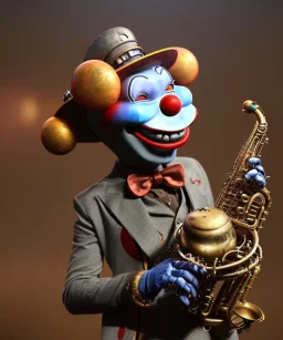 happy friendly mechanoid clown playing jazz with a steampunk theme, realistic