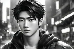 2 cute Asian guy, Anime gamer boy, 20 years old, model looks, black eyes, beautiful, handsome, Wednesday Adam in 8k anime cgi drawing style, Adam family them, neon effect, close picture, rain, highly detailed, high details, detailed portrait, masterpiece, ultra detailed, ultra quality, Chinese city, black and white 1 husky dog, monochrome, side view