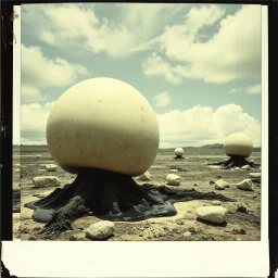 Photography polaroid close-up of a random landscape with massive odd Yves Tanguy incomprehensible style Surrealism, glossy, organic, creepy tumor mass growing, strong texture, fiotti di liquido nero, horror, panic, obsessive, hypnotic