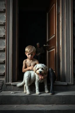 A black one year old boy and a white one year old boy , petting a small dog , sitting on the door steps of the an old paints cracked dirty abandoned house door , in the background a dark room with old woman, insanely detailed octane render trending on artstation, 8k artistic photography, photorealistic concept art, soft natural volumetric cinematic perfect light, chiaroscuro, award-winning photograph, masterpieces, oil on canvas, Raphael, Caravaggio, Greg Rutkowski, people,
