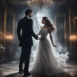 Hyper Realistic close-up-view-of-handsome-muscular-man-in-black-tuxedo dancing with a beautiful-ghost-of-a-women-in-torn-white-gown inside a super-dark-fancy-hall-of-a-mansion with creepy flying-ghosts behind showing dramatic & cinematic ambiance