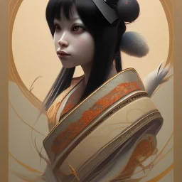 storybook illustration of cute little tengu yokai girl, raven-black hair, wearing a kimono, digital painting, pastel, illustration, procreate, epic, fantastic, featured on cgsociety.Art by Greg Rutkowski, Alphonse Mucha, Artgerm ,