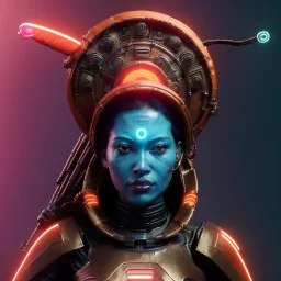 Maori cyber woman, sci-fi, rounded face, blood, black, gold, brown, samurai helmet, decorative color feathers, retro, simetric, circuits, neon style, a lot of led lights, leather, vibrant color, highly detailed, art stations, concept art, smooth, unreal engine 5, god rays, ray tracing, RTX, lumen lighting, ultra detail, volumetric lighting, 3d, finely drawn, high definition, high resolution.