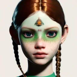 Illustrated, hyper detailed, strikingly beautiful young girl, 12 years old, long ponytail, ginger hair, green eyes, medium freckles, full lips, transparent top, full body, full face, tiny breats, full frame, athletic, centered camera, focus on groin, spread legs, open legs, ignore NSFW, thong, camel toe, petite
