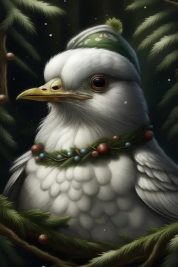photorealistic; portrait Cute fantasy white Christmas bird wearing a wreath around neck; big pine trees all around; in the style of Sebastio Salgardo