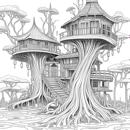 swamp shake, Whispering Cypress Swirls, Clyster crisp clear lines, clean line art, line art, Black and white coloring page, for adult, perfect shape, each image separate model treehouse, realistic, unique, unique style, masterpiece, variation, clean coloring page, vector coloring book illustration, no shading, only draw outlines, crisp, full page, use up the entire screen,