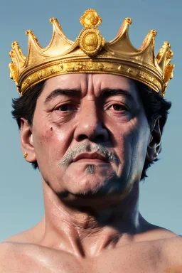 Ultra Realistic image, classic sculpture, white marble material, Maradona, gold saint crown, gold veins, gold ornaments, sun rays background, waist up portrait, epic, celestial, cinematic lighting, God lights, 4k resolution, smooth details, soft lighting, unreal engine 5, art station, substance 3d.