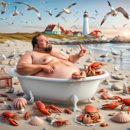 Fat man in a claw foot bathtub on a beach. Surrounded by seagulls, lobsters and crabs. there is a colorful light house in the background.