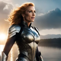 [movie by Zack Snyder] a new legend begins. High above the glistening lake, Toni Collette soars as a super heroine. With each graceful movement, she leaves a trail of stardust that sparkles in the sunlight, a testament to her power and grace.