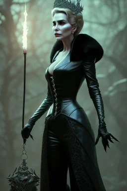 Constance Langdon as evil queen in black leather, leather, busty, cleavage, angry, stern look. character design by cory loftis, fenghua zhong, ryohei hase, ismail inceoglu and ruan jia. unreal engine 5, artistic lighting, highly detailed, photorealistic, fantasy