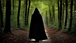 black robe hooded monks on the forest path