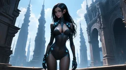 Exotic sci-fi skinny girl, with long dark hair, in an alien city, tall spires, buildings, bridges, and arches