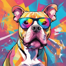 A whimsical and vibrant illustration of a playful pitbull wearing trendy sunglasses. The dog is displayed in a pop art inspired setting with a colorful, abstract background filled with graffiti and geometric shapes. The overall vibe of the image is happy and energetic, capturing the joyful spirit of the pitbull.