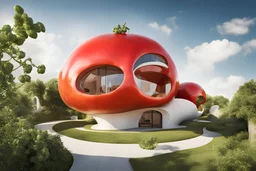 organic Tomato-shaped house embedded into the sky, architectural photography, style of architecture, modernist architecture, warm sunlight, photo real, real photography