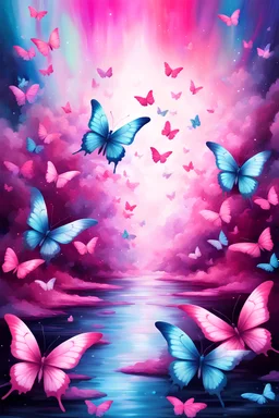 vibrant psychedelic water painting image, airbrush, 64k, cartoon art image of background WHITE and pink BUTTERFLIES , futurism style