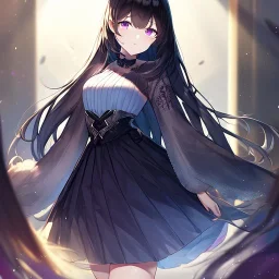 Clear focus, high resolution, black long fluffy hair, purple eyes, wearing a detailed outfit with a medium skirt