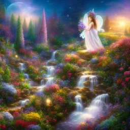 bright fairy, beautiful portrait, flowery landscape