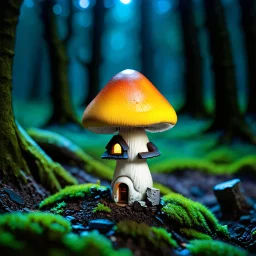 "Close up of a wonderful tiny Mushroom Tower home. Yellow and orange with bright white, deep black and contrasting tones of gray. Illuminated bioluminescent forest. Professional painter, master at composition. small but detailed. broken, blurred background, voluminous lighting"