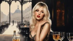 prostitute, 1917, open sleeveless dress, lace, loose hair, double exposure, Paris, bar, brandy, drinking, audience, 3d, 64k, high resolution, high detail, fine rendering, computer graphics, hyperrealism, f/16, 1/300 s. digital painting,