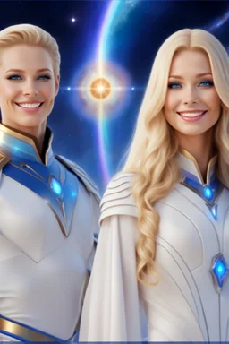 cosmic woman smile,beautiufos rainbow, admiral from the future, galactic confédération, fine whole face, crystalline skin, expressive blue eyes,rainbow, smiling lips, very nice smile, costume pleiadian, Beautiful tall woman pleiadian Galactic commander, ship, perfect datailed golden galactic suit, high rank, long blond hair, hand whit five perfect detailed finger, amazing big blue eyes, smilling mouth, high drfinition lips, cosmic happiness, bright colors, blue, pink, gold, jewels, realist,