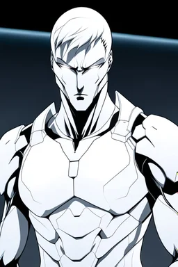 Anime the same photo but wearing a white superhero suit with a lite modern armour