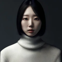 close-up, portrait photo, beautiful artificial Korean being, tight turtleneck, symmetrical, minimalism