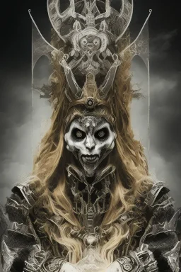 Realistic geometric anime black metal corpsepaint Slipknot Joey mask god with golden crown , in front of a throne