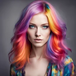 Fashion portrait of a beautiful young woman with bright multicolored hair.