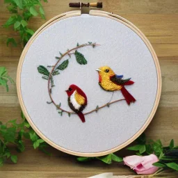 exquisite whimsical birds in embroidery hoop, intricate, highly detailed, linen and wood backdrop