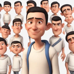 a caricature portrait of a young western man standing in front of a white wall. He is wearing a white sweatshirt. black hair. short buzz cut hair style. light skin. dark eye pupils. small eyes. black thick eyebrow. big round face shape. a bit small goatee. big nose. thick mouth. pixar style. 3D. 4k. portrait. highly detailed. sharp focus. high resolution. full color. cinema lighting