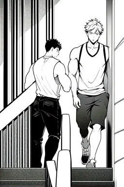 a boy in shorts sleeveless shirt climbs the stairs, greyscale