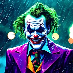 3D Vaporwave vintage digital painting hyper realistic scary joker laughing at the rain and a cigar in hand in a close up portrait mode photo