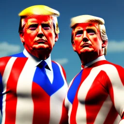 Realistic image of Donald trump super hero, retro style, watchmen style, red white blue colors, white stars, suspenders, latex material, 80s, vibrant color, highly detailed, sky background, concept art, unreal engine 5, god rays, ray tracing, RTX, lumen lighting, ultra detail, volumetric lighting, 3d, finely drawn, high definition, high resolution.