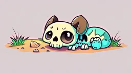 Cute chibi-style bony animal skeleton, lying on the ground, cartoony, colorful, exaggerated, simplified, adorable