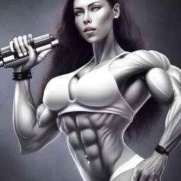 bodybuilder woman holding battle rifle