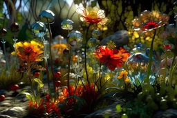 Surreal glass flowers, ultra detailed, ultra realistic, extremely realistic, intricate, photorealistic, epic composition, masterpiece, beautiful landscape, sunlight