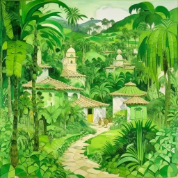 A lime green village in a jungle designed in ancient Greek mosaics painted by John Singer Sargent