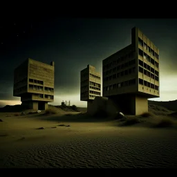 Photograph of odd brutalist buildings scattered over a wasteland, powder, night, people, nothingness, nightmare, minimalist, details of the terrain very accentuated, 8k, deep 3d field, sharp, eerily mysterious, artistic photo, large format film, fotograph by Yves Tanguy, scenography by René Magritte, hasselblad h6d400c --ar 85:128 --v 6.0