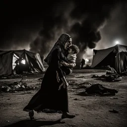 A Palestinian woman wearing the Palestinian dress carries her dead son as she screams and cries at night, with explosions in refugee tents behind her.