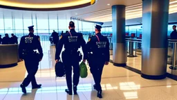 2 security officers escort upset man in suit out of airport lounge