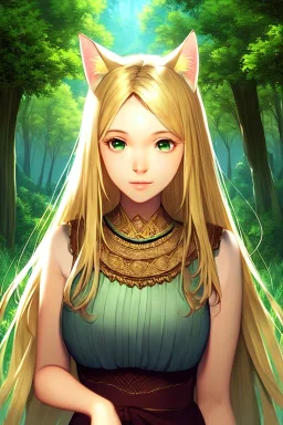 Clear focus,High resolution,High quality,druid, Blonde long hair, green eyes, cat ears, Realistic, intricate details, insanely detailed, forest background