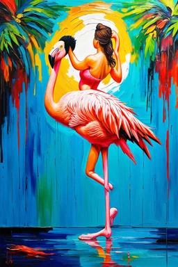 The flamingo dancer with aa acoustic guitar player this painting defies logic as part of the painting is off the canvas into the gallery