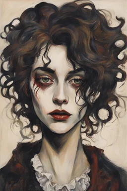 Painting of a Goth vampire girl, with highly detailed hair and facial features in the Expressionist style of Egon Schiele, Oskar Kokoschka, and Franz Marc, in muted natural colors