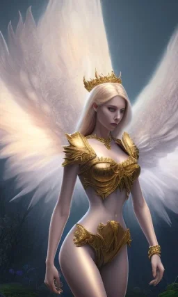 Female angel with beautiful perfect face big wings and golden crown floating above the ground in the dark enviroment, anatomically correct, michelangelo style, detailed, world of warcraft style, dark forest, trees, painting, brush strokes, 8k, dark forest in the background, epic scene, epic painting