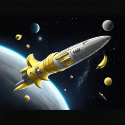 draw cartoon yellow banana as starship flying in space.