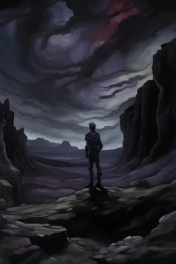 The image features a moody painting of a figure standing in a desolate but lush landscape, surrounded by swirling clouds and jagged rock formations. A lone figure, appearing to be Diopter, stands confidently with arms crossed, staring out into the horizon. The colors are dark and brooding, with shades of gray, black, red, purple and deep blues.