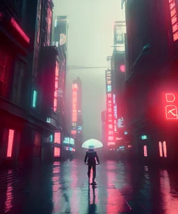 3D, beautiful, light reflecting, empty city at night, rainy night, neon, cyberpunk, person with helmet walking