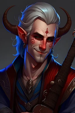 Create an ai art of A handsome male tiefling bard with dark red skin, sharp, curving horns, piercing blue eyes, long, silver hair, a black leather jacket, a simple white shirt, and a lute slung over his shoulder. He has a confident smile and a charming personality